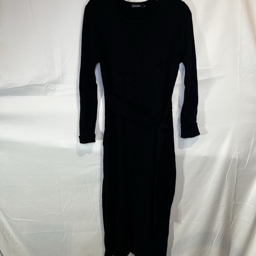 Women's Anrabess X-Large Black Bodycon Ribbed Scuba Cocktail Midi Dress Belt Tie